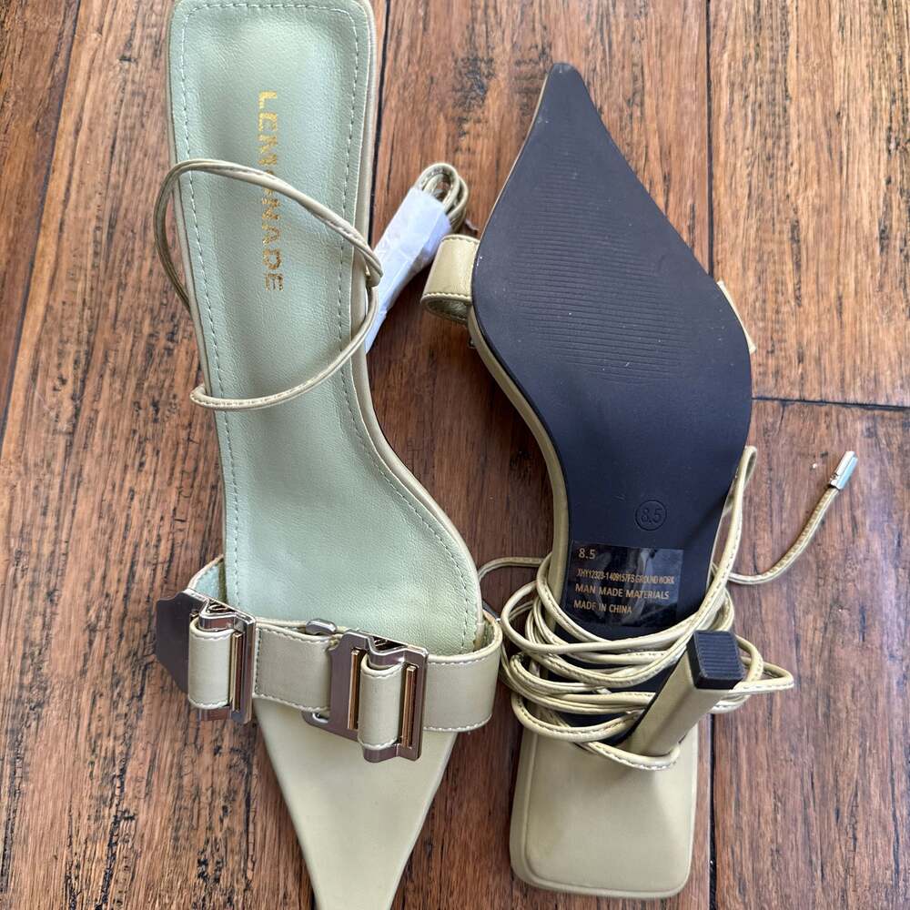 Charles & Keith Lando Pointed-Toe Metallic-Buckle Heeled Mules in Chalk